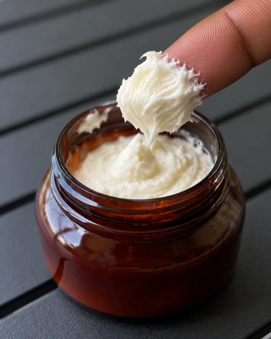 A fingertip lifting a soft scoop of whipped shea butter from the jar
